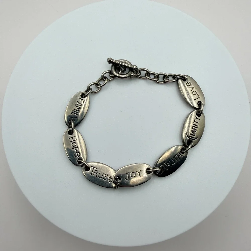 Vintage 90s Silver Tone Inspirational Message Oval Link Bracelet Fashion Jewelry